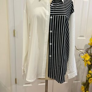 Women's Two-Tone Black & White Striped Button-Up Shirt